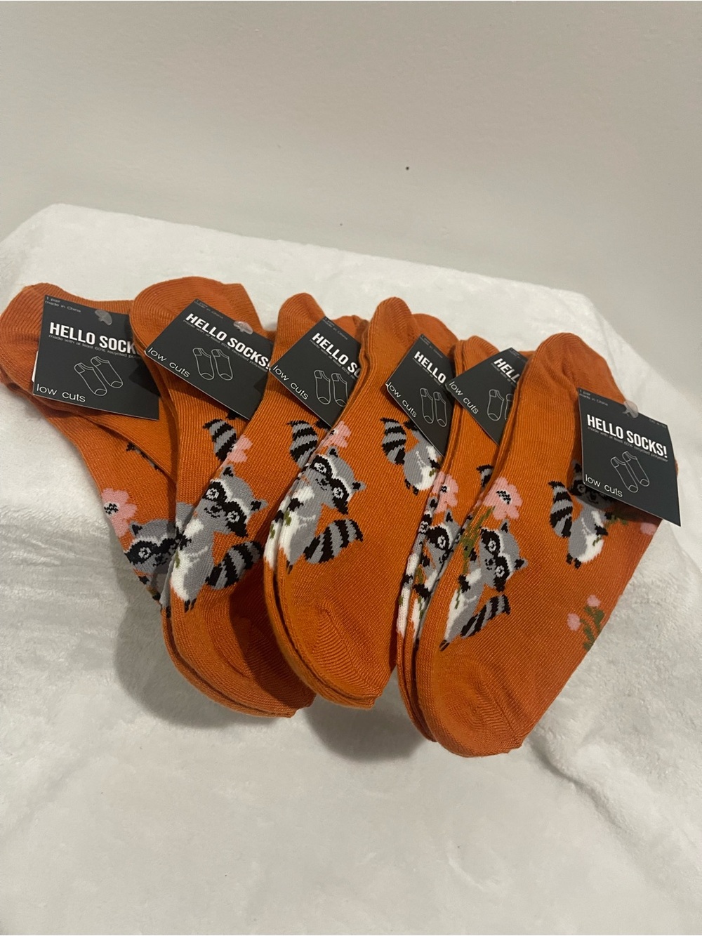 Low-Cut Orange Raccoon Pattern Socks - 6 Pack